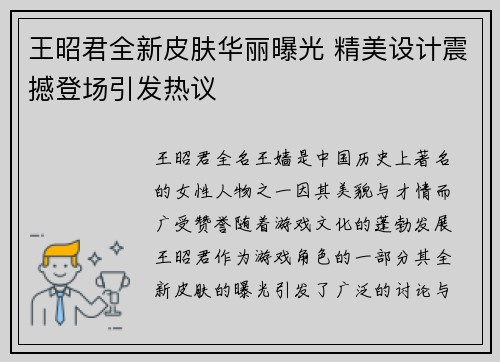 王昭君全新皮肤华丽曝光 精美设计震撼登场引发热议