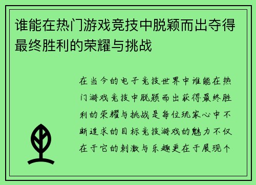 谁能在热门游戏竞技中脱颖而出夺得最终胜利的荣耀与挑战