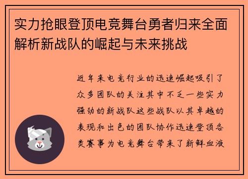 实力抢眼登顶电竞舞台勇者归来全面解析新战队的崛起与未来挑战