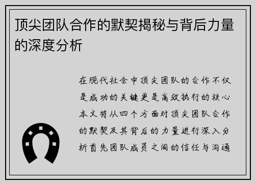 顶尖团队合作的默契揭秘与背后力量的深度分析