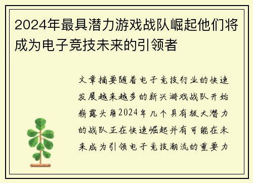 2024年最具潜力游戏战队崛起他们将成为电子竞技未来的引领者