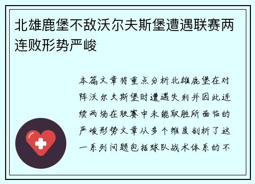 北雄鹿堡不敌沃尔夫斯堡遭遇联赛两连败形势严峻