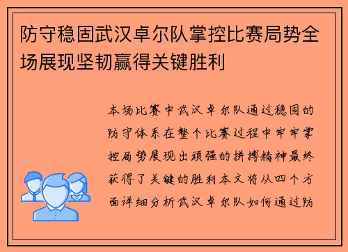 防守稳固武汉卓尔队掌控比赛局势全场展现坚韧赢得关键胜利