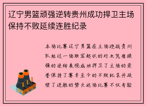 辽宁男篮顽强逆转贵州成功捍卫主场保持不败延续连胜纪录