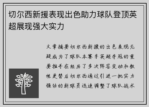 切尔西新援表现出色助力球队登顶英超展现强大实力