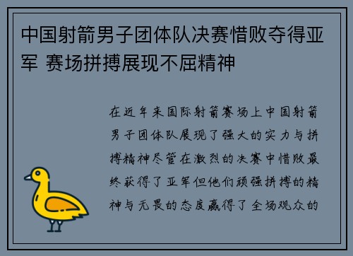 中国射箭男子团体队决赛惜败夺得亚军 赛场拼搏展现不屈精神