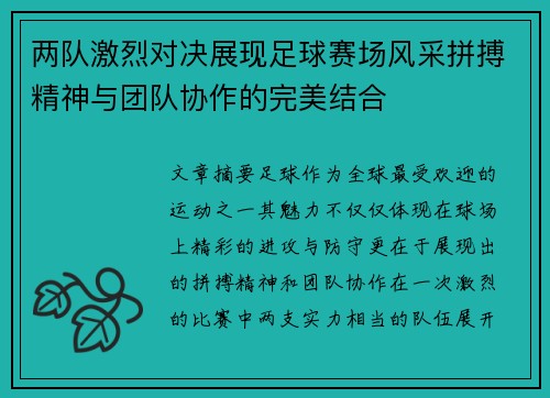 两队激烈对决展现足球赛场风采拼搏精神与团队协作的完美结合