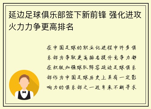 延边足球俱乐部签下新前锋 强化进攻火力力争更高排名