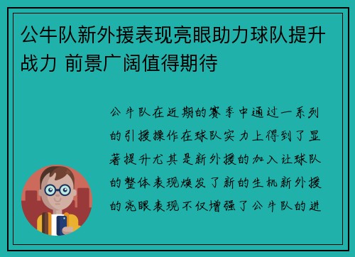 公牛队新外援表现亮眼助力球队提升战力 前景广阔值得期待