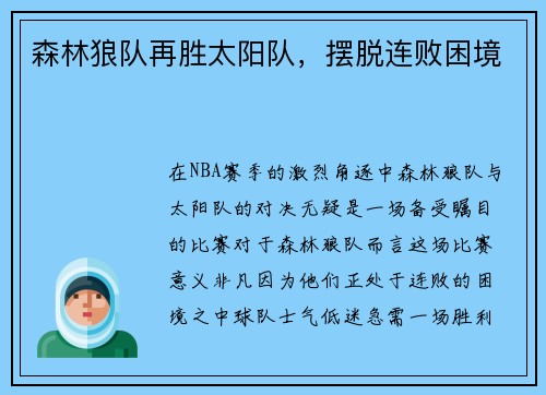 森林狼队再胜太阳队，摆脱连败困境