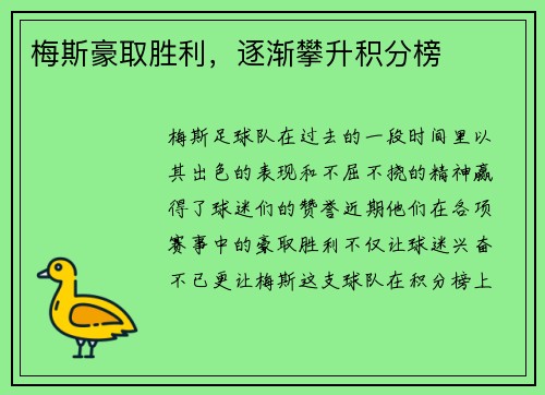 梅斯豪取胜利，逐渐攀升积分榜