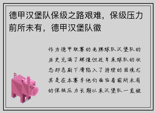 德甲汉堡队保级之路艰难，保级压力前所未有，德甲汉堡队徽