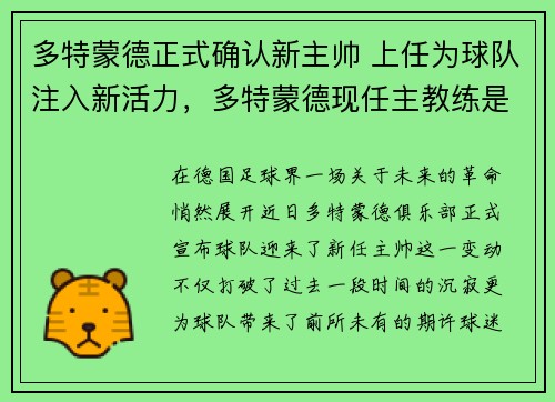 多特蒙德正式确认新主帅 上任为球队注入新活力，多特蒙德现任主教练是谁