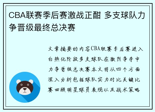 CBA联赛季后赛激战正酣 多支球队力争晋级最终总决赛