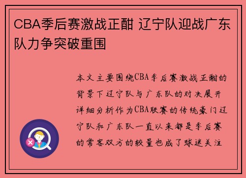 CBA季后赛激战正酣 辽宁队迎战广东队力争突破重围