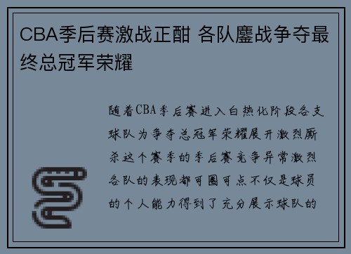 CBA季后赛激战正酣 各队鏖战争夺最终总冠军荣耀
